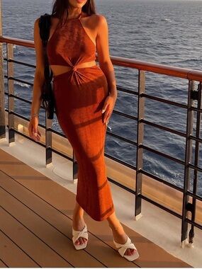 Miou Muse Halter Cutout Maxi Dress in Rust/Nutmeg